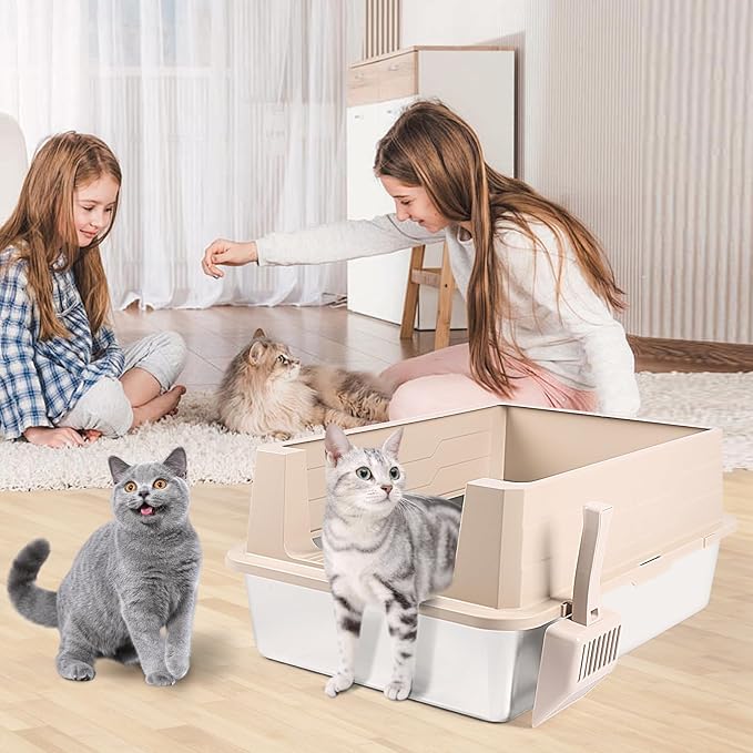 Stainless Steel Litter Box, XXXL 27.6" H x 19.7" W x 11.8" H Extra Large Metal High Sided Cat Litter Box with Scoop, Leak-Proof, Easy Clean for Big Cats/Multiple Cats (Khaki)