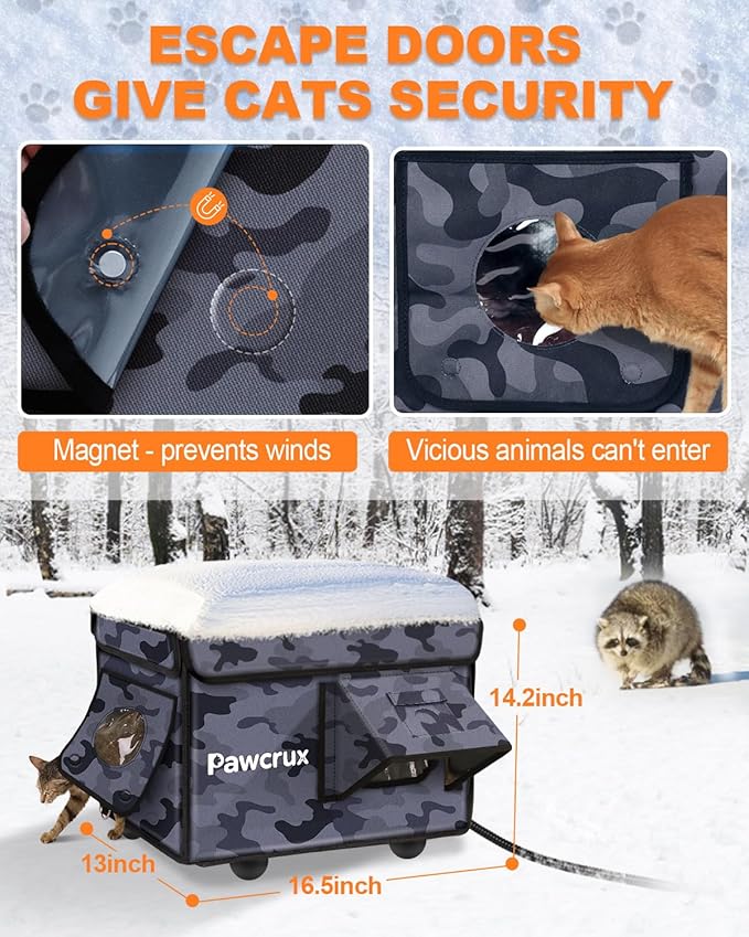 Weatherproof Heated Cat House for Outdoor in Winter, Heated Cat Bed Kitty Shelter with Cat Heating Pad, Insulated & Safe Escape Door, Warm Home for Outside Stray Cat