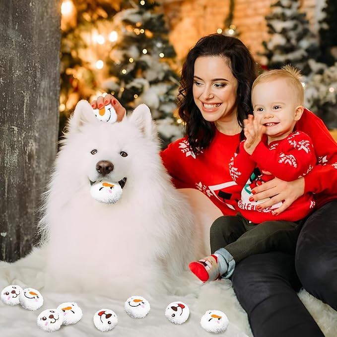 60 Pcs Christmas Dog Toys Squeaky Plush Balls, Soft Puppy Snowball with Dog & Snowman Smile, Christmas Pet Squeaker Fluffy Ball for Interactive Small & Medium Dogs Xmas Toys Party Decorations