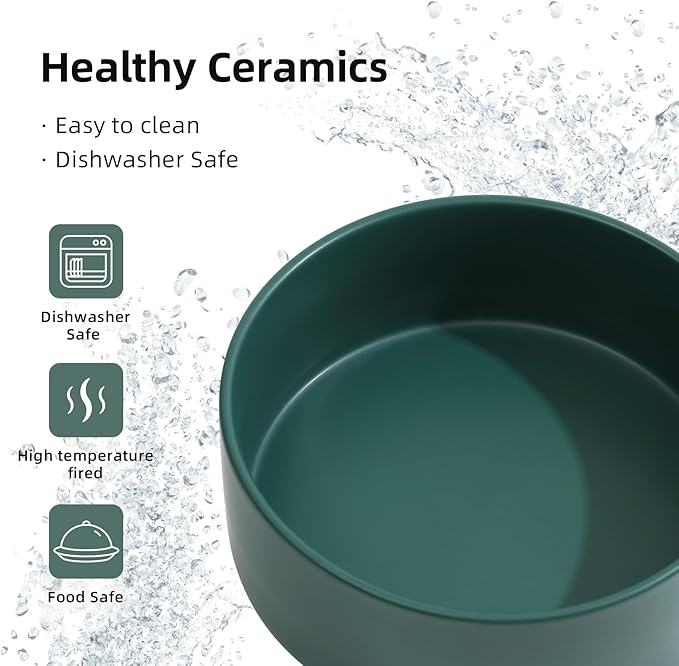 Ceramic Raised Double Bowls Set with Stand, Food & Water Bowls for Medium Breed Dogs, Weighted Dog Dishes, Pet Bowl(7.3'',41OZ, Green)