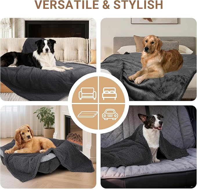 Waterproof Dog Blanket for Large Dogs - Reversible Washable Pet Blanket, Soft Sherpa Fleece Furniture Protector, Cat Throw Bed Couch, Grey,50"x60"