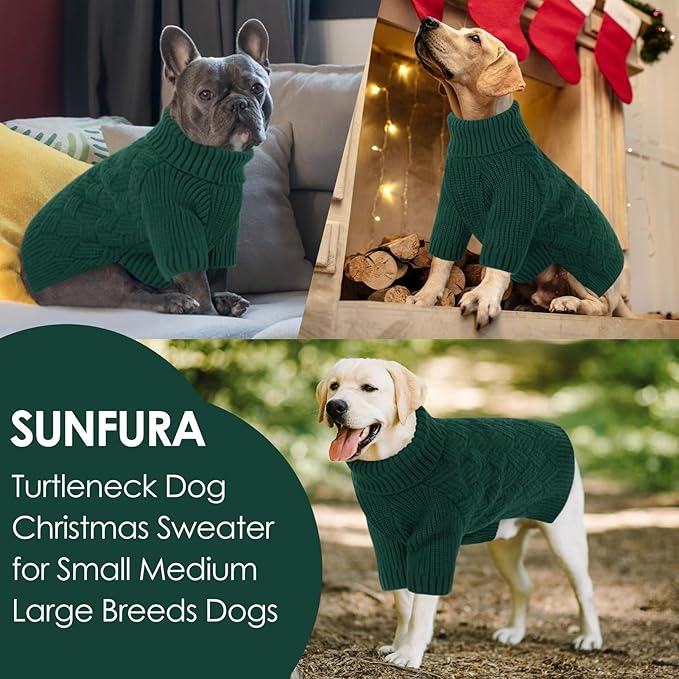 SUNFURA Dog Sweater, Christmas Sweaters for Large Dogs, Solid Color Dog Pullover for Fall Winter, Warm Sweatshirt Knit Turtleneck for Corgi, French Bulldog, Green L