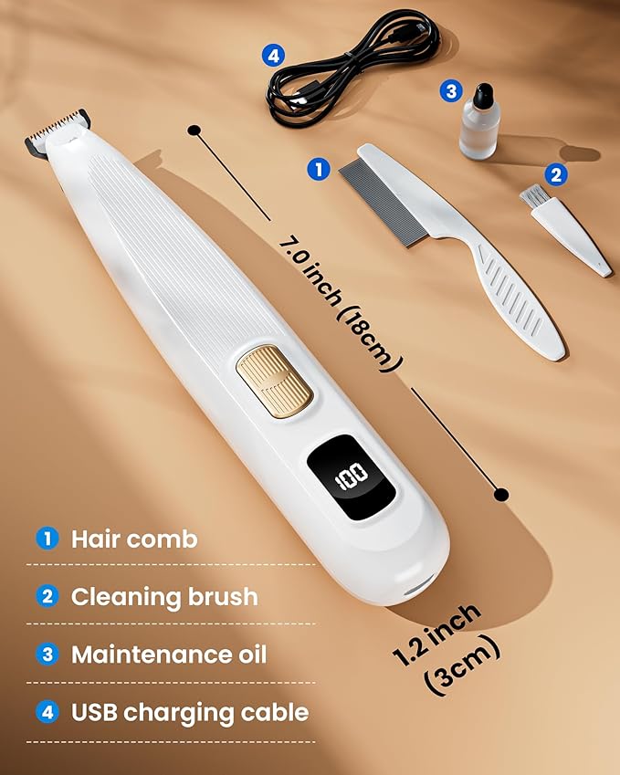 Professional Dog Paw Trimmer with LED Light, New Upgraded 35dB Low-Noise Pet Paw Trimmers for Dog's Feet, 2-Speed Electric Paw Cleaner Grooming Clippers for Dogs, Cats'Paws, Ears, Face, Rump (White)