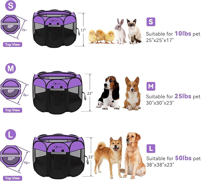 Dog Playpen, Puppy Pet Playpen, Dog Crate Tent Cage Indoor/Outdoor, Portable Pop Up Dogs Kennel Playpen with Carrying Case for Dogs/Cats/Rabbits, Purple, Medium
