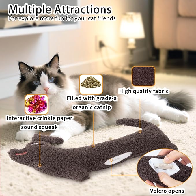 Xmas Cat Toy Refillable Catnip Toy, Safe Teeth Cleaning Kitten Toy for Indoor Cats Kitty Kicker, Crinkle Interactive Cat Nip Chew Toys, Brown