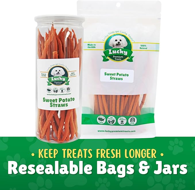 Lucky Premium Treats Sweet Potato Straws Sweet Potato Dog Treats 13oz. - All Natural Chewy Veggie Dog Treats for Small & Medium Dogs - Training Reward Made in USA