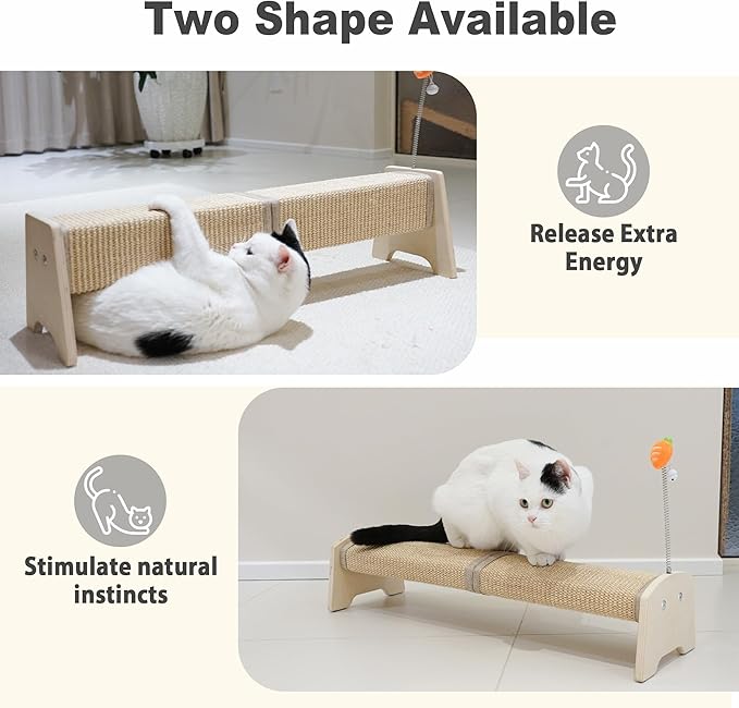 Meeyoview 30" Horizontal Scratching Post, Sisal Cat Scratcher with Spring Toy, Large Floor Mount Scratching Pad, Furniture Protector for Indoor Cats, Oval