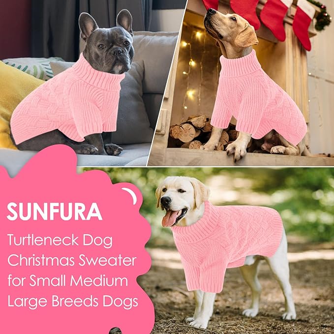 SUNFURA Small Dog Sweater, Turtleneck Dog Sweater for Cold Weather, Puppy Knitwear Pullover for Christmas Thanksgiving, Pet Winter Knitted Sweatshirt for Pug Dachshund, Pink S
