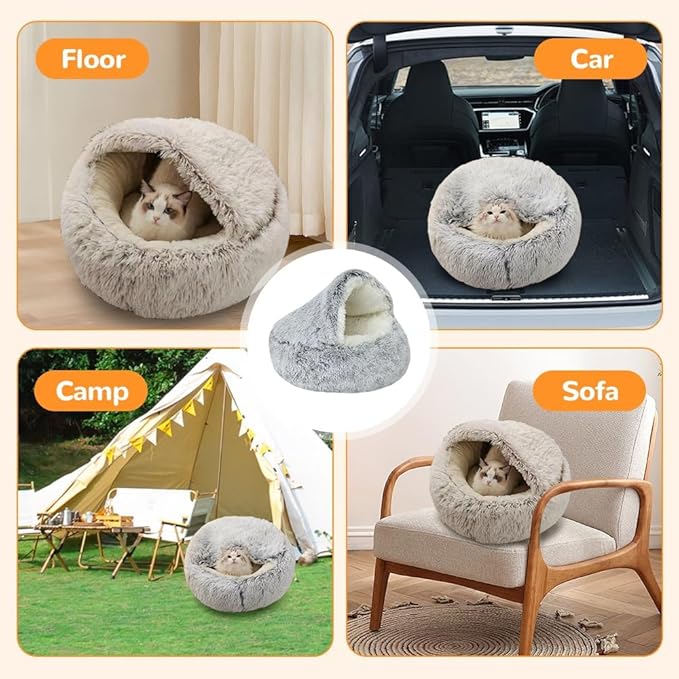 2026 New Plush Cat Nest Bed Cave, Cat Beds for Indoor Cats, Cozy Fluffy Pet Bed, Portable Round Plush Hooded Cats Cave, Washable Soft Puppy Bed for Pet Owners (Coffee, Small)