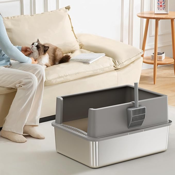 Extra Large Stainless Steel Cat Litter Box with Lid – Large Capacity for Big & Multiple Cats, Anti-Leakage, Non-Stick Surface for Easy Cleaning, Odor-Resistant, Include Scoop
