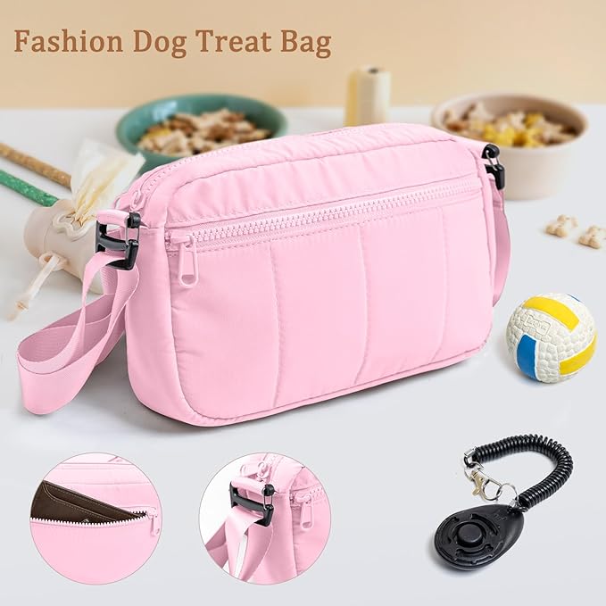 Fashion Dog Treat Pouch with Clicker Stylish Crossbody Dog Walking Bag, 3-in-1 Dog Training Treat Pouch with Removable Waterproof Liner, Treat Holder Waist Bag for Puppy Training & Daily Walks