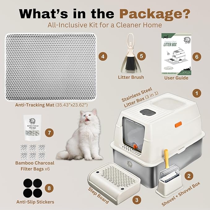 Fully Enclosed XXL Stainlessss Steel Litter Box with Lid, 8" Deep Pan, Large Stainless Steel Cat Litter Box for Big Cat with Scoop, Step Board, Mat, Brush, Odor-Free, Anti-Leak, Non-Stick (White)