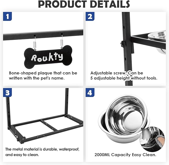 Elevated Dog Bowls for Extra Large & Large Dogs,Raised Dog Bowl Stand with 2000ML Stainless Steel Bowls, Adjustable Tall Dog Food Water Bowls for Large Breed