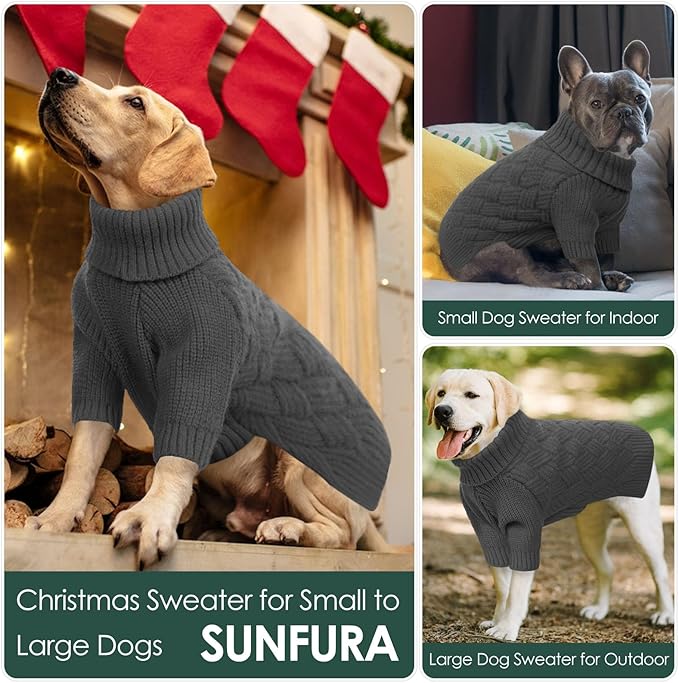 SUNFURA Small Dog Sweater, Turtleneck Dog Sweater for Cold Weather, Puppy Knitwear Pullover for Christmas Thanksgiving, Pet Winter Knitted Sweatshirt for Pug Dachshund, Grey S