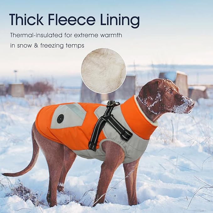 IECOii Dog Jacket Winter Harness Built in -Orange,XXXLarge- Zip Up Dog Coat Winter Clothes for Large Dogs Waterproof, Dogs Snowsuit Snow Jacket D-Rring Labrador German Shepherd Doberman Rottweiler
