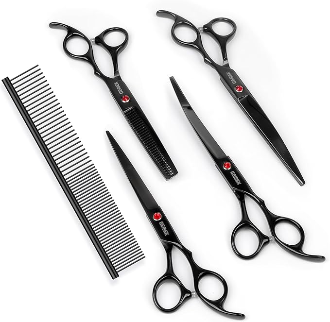 7.0in Titanium Professional Dog Grooming Scissors Set, GEMEK 6 in 1 Straight & Thinning & Upwards Curved & Downwards Curved Scissors & Comb for Dogs, Cats and Other Animals