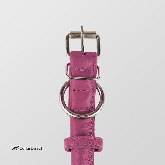 CollarDirect Rolled Leather Dog Collar, Soft Padded Round Puppy Collar, Handmade Genuine Leather Collar Dog Small Large Cat Collars 13 Colors (8-11 Inch, Pink Textured)
