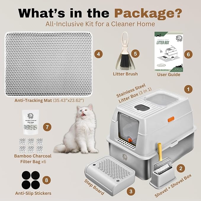 Fully Enclosed XXL Stainlessss Steel Litter Box with Lid, 8" Deep Pan, Large Stainless Steel Cat Litter Box for Big Cat with Scoop, Step Board, Mat, Brush, Odor-Free, Anti-Leak, Non-Stick (Light Gray)