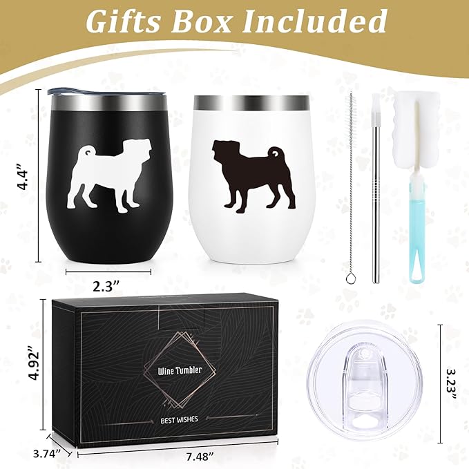 Lifecapido Pug Gifts for Pug Lovers, Pugs Silhouette 12oz Stainless Steel Wine Tumbler Set of 2, Birthday Christmas Gifts for Dog Lovers Dogs Parents Dogs Mom Dad, Black and White