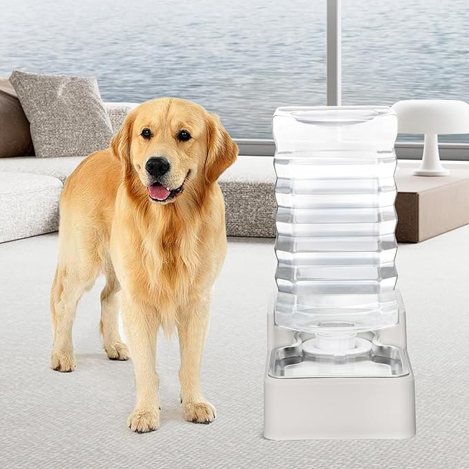 RIZZARI Stainless Steel Pet Water Feeder: 9.5L Automatic Leak-Proof Gravity Dispenser for 40-80 LB Senior Dogs with Spinal Issues - with Filter - Garage Kitchen Use