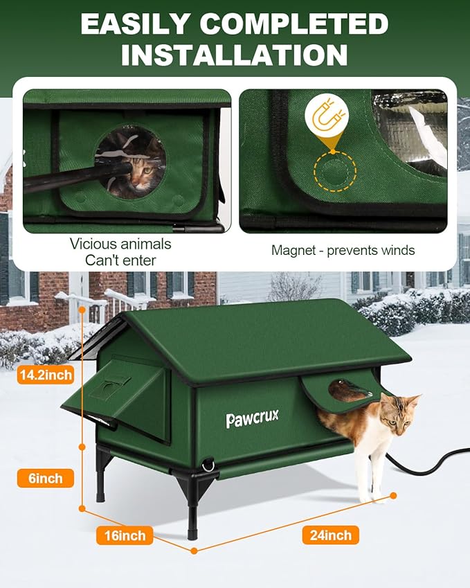 100% Waterproof Heated Cat House for Outdoor with Safe Escape Door, Heated Cat Bed Weatherproof Cat Shelter Kitty with Cat Heating Pad, Insulated Warm House for Feral Cat (Green, L)