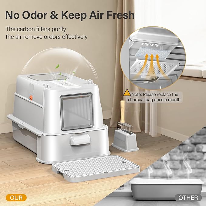 Enclosed Stainless Steel Cat Litter Box with Lid,XL Large Metal Cat Box with Drawer for Big Cats,Top Exit Kitty Litter Box Includes Scoop, Filter Pedal,Odor Control, Easy Cleaning