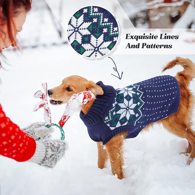 FUAMEY Dog Christamas Sweater, Warm Dog Sweater Classic Snowflake New Year Turtleneck Sweaters Knitwear Cold Weather Dogs Pullover for Small Medium Dogs Puppies & Cats Bulldogs Corgi with Leash Hole