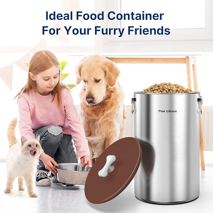 35 Lbs Stainless Steel Dog Food Storage Container with Airtight Lid & Ceramic Bone Handle, Large Metal Dog Food Bin for Dogs & Cats, Keep Fresh, Easy to Clean