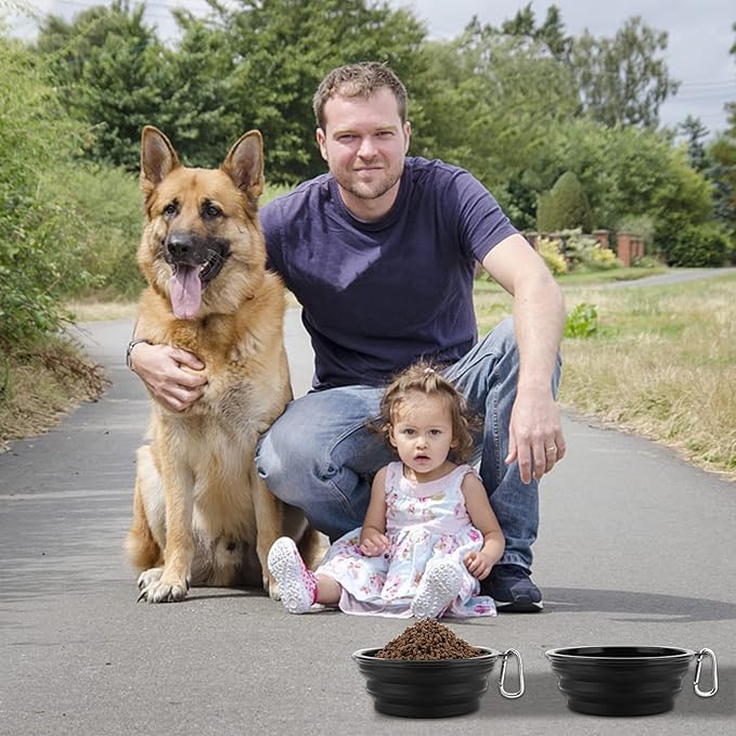 SLSON Dog Bowls Pet Collapsible Bowl with Cover Lids,2 Pack Dog Travel Bowls Portable Foldable Cat Water Dish Bowl for Pets Walking Parking Camping (Black and Black, Large)