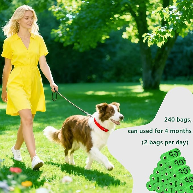 100% plant-based Dog Poop Bags Rolls, ASTM D6400 & EN 13432 Compliant, 240 Poop Bags including dispenser, 13 in × 9 in green poop bags for dogs, Super thick 100% leak proof