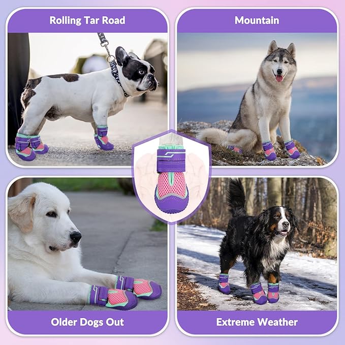 SlowTon Dog Shoes for Large Small Medium Dogs - Breathable Dog Boots for Summer Hot Pavement, Paw Protector for Outdoor Walking Winter Snow, Anti-Slip Rubber Dog Booties for Hardwood Floor (Pink, 6)