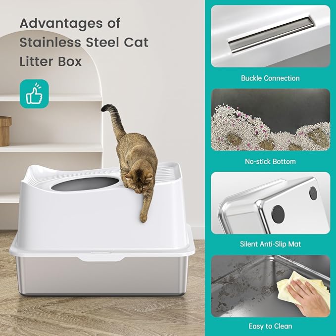 Stainless Steel Cat Litter Box, Large Top Entry Litter Box for Big Cats, Enclosed Kitty Litter Pan with Lid, Metal Cat Box Never Absorbs Odors, Easily Cleaning, Include Scoop