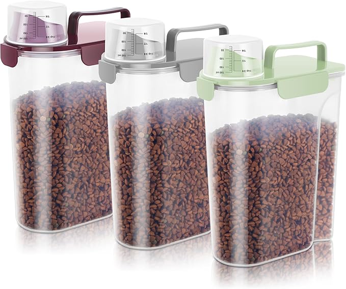 5-7Lbs Portable Cat Dog Food Storage Container with Upgraded Large Spout and Cup Dispenser for Small Large Animal Kibble, Pet Bird snack, Oatmeal, Rice, Flour, Brown Sugar-3 Pack (Purple Gray Green)