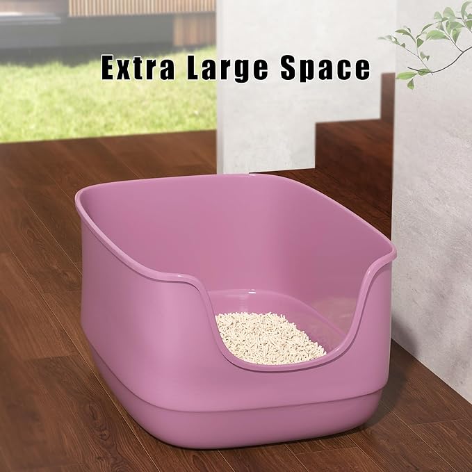 Gefryco Large Cat Litter Box with High Sided 24.6"x18.3"x12.2" - Jumbo Extra Large Open Anti - Splashing High Wall for Multiple Cats (Pink)