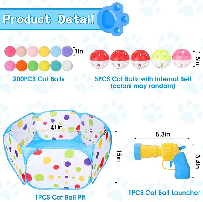 Mity rain Cat Ball Pit with Balls Included, Interactive Toy for Indoor Bored Cats Dogs with Ball Launcher, Jingle Balls and Pom Pom Balls, Cat Enrichment Toys, Kitten Toys for Self Playing Blue