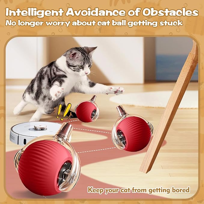 luseyfj Interactive Cat Ball Toys for Indoor Cats, Peppy Pet Ball, 2025 Upgraded Automatic Kitten Toy for Bored Indoor Adult Cat, 360°Smart Rolling Toy (Red)