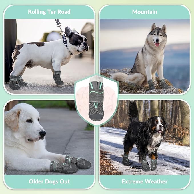 SlowTon Dog Shoes for Large Small Medium Dogs - Breathable Dog Boots for Summer Hot Pavement, Paw Protector for Outdoor Walking Winter Snow, Anti-Slip Rubber Dog Booties for Hardwood Floor (Gray, 1)