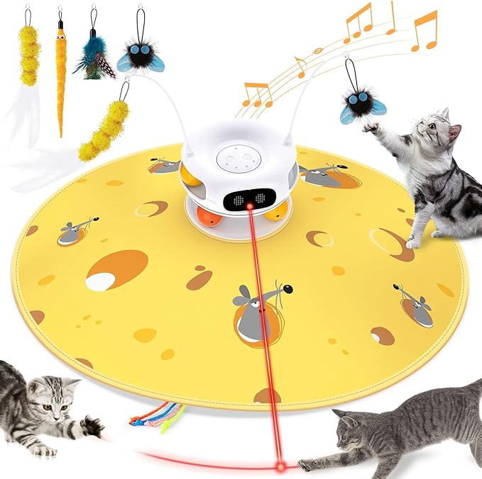 Interactive Cat Toys for Indoor Cats, 5 in 1 Automatic Robot Laser Toy, Motion Activated Hide and Seek, Fluttering Feather, Dual Track Balls and Chirping, Rechargeable Long-Lasting Battery