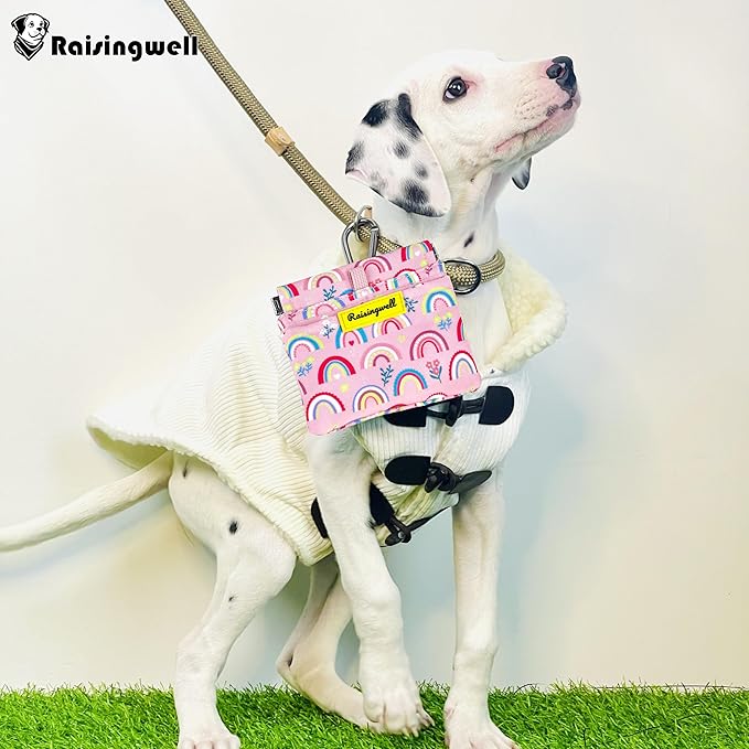 Dog Treat Pouch,Cotton Pocket Sized Training Holder, Hand Free Walking Funny Bag with Carabiner, Self-Closing Pet Feed Snack Reward, Behavior Aids for Puppy Travel or Outdoor Use (Rainbow)