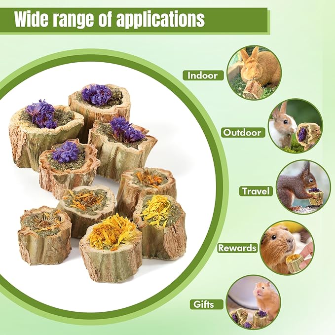 Abizoo Rabbits Chew Toys Organic Papaya Wood for Guinea Pigs Chinchillas Hamsters Small Animals Treats with Calendula Forget Me Nots and Alfalfa Hay Dental & Digestive Support No Additives 4.23oz/120g