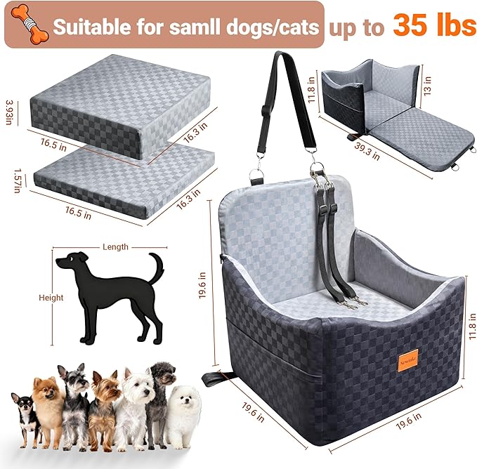 2 in 1 Dog Car Seat Bed for Small/Medium Dogs Up to 35 lbs, Travel Dog Booster Seat with Memory Foam Thick Cushion, Safety Belts&Storage Pockets, Removable Washable Bed Fits Front or Back Seat