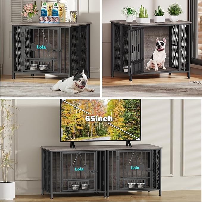 EasyCom Foldable Dog Crate Furniture, 31.5" Dog Crates for Small/Medium Dogs, Wooden Dog Kennel Indoor with Tag & Adjustable Dog Bowls, Dog Cage Use as End Table/TV Stand, Oak Grey