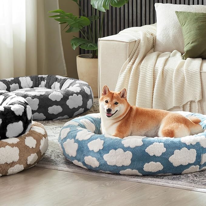 JOEJOY Donut Cat Beds for Indoor Cats, Round Calming Small Dog Bed with Removable Washable Cover, Orthopedic Cute Puppy Kitten Pet Bed with Jacquard Shaggy Plush & Non Skid Bottom, Black