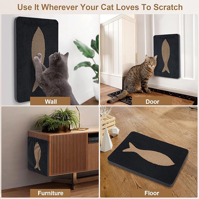 Ownpets Wall Cat Scratcher, Cute Vertical Cat Scratching Board, Wall Mounted Cat Scratch Pad for Wall, Glass, Wood, and Tile, Furniture Protector, Fish Print Black