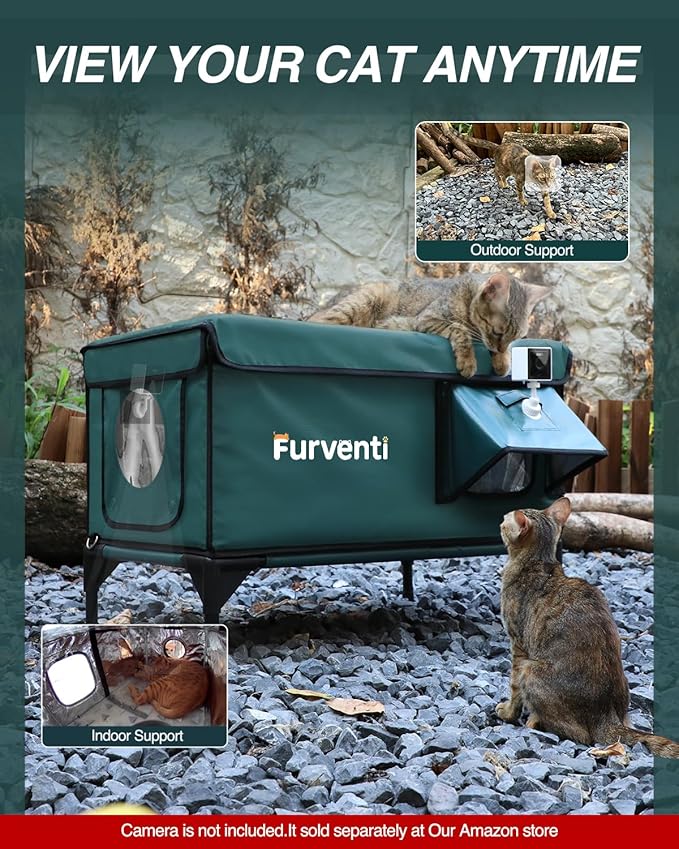 Heated Cat House for Outside,Dual Camera Mounts,100% Weatherproof & Extremely Insulated,Elevated Feral Cat Shelter with Escape Door,Waterproof Eaves for Outdoor Stray Barn Cat(Dark Green,M)