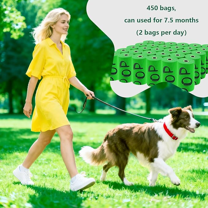 100% plant-based Dog Poop Bags Rolls, ASTM D6400 & EN 13432 Compliant, 450 Poop Bags including dispenser, 13 in × 9 in green poop bags for dogs, Super thick 100% leak proof