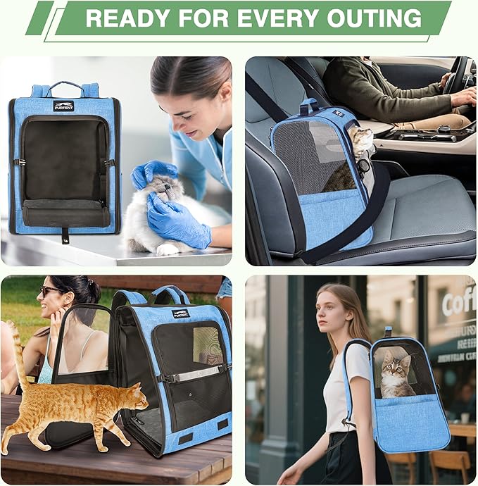 Cat Backpack Carrier with Ventilation Mesh and Safety Leash, Lightweight Dog Travel Backpack with Pockets, Reflective Strip, and Removable Mat,Hiking and Outdoor Use,Blue