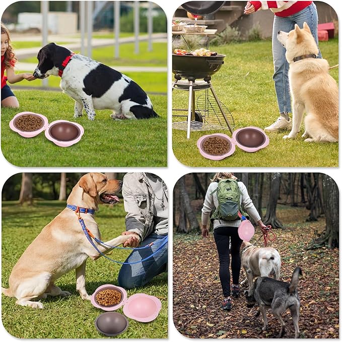 Portable Dog Bowls Travel Pet Bowls Food and Water Feeder, Pet Cats Puppies Feeding Watering Dish for Walking, Parking, Traveling, Camping (Pink)