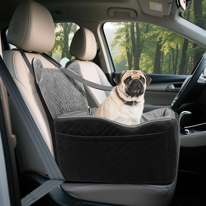 Dog Car Seat for Small Medium Dog Bed with Waterproof Cover Pet Car Booster Seat with Memory Foam for Travel, Grey, 2 Safety Belt