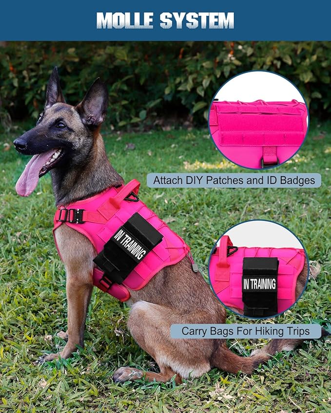 PETNANNY Tactical Service Dog Vest - No-Pull Emotional Support Harness with Hook & Loop Patches & Molle System for Training & Hunting (Pink, Medium)